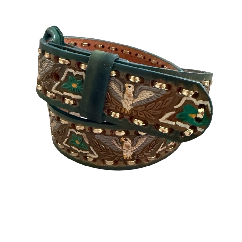 VTG Western Mallory Tooled Whip Stitched Belt Turquoise Green Brown 32, 38, 40 - Picture 3 of 15
